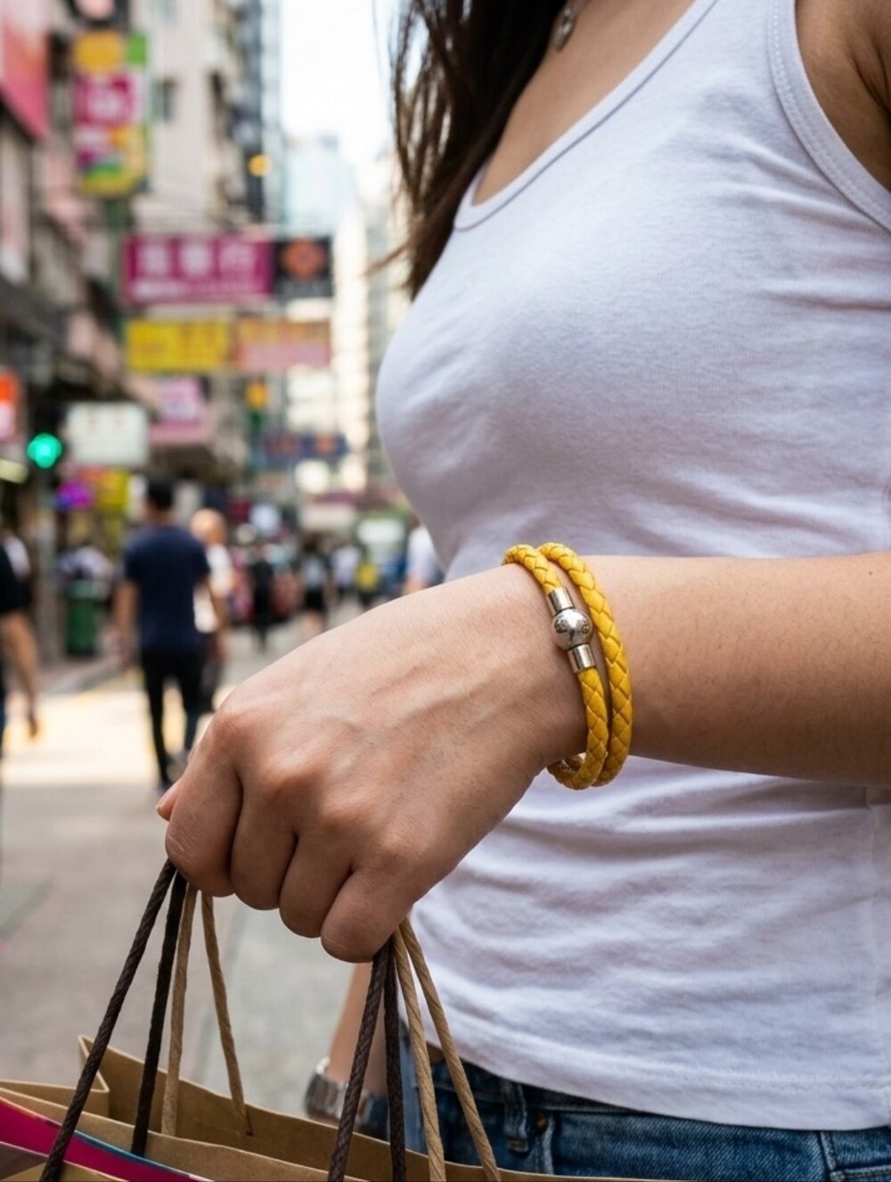 Linx Double Wrap Yellow Leather Braided Cord Charm Bracelet Magnetic Clasp